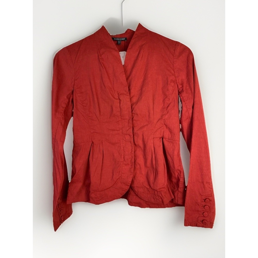 Eileen Fisher Petite Women's PP Brick Red Linen Blend Full Zip Peplum Jacket